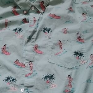 Men's Blue XL TeamLTD Hula Girl Sexy Hawaiian Style Surf Button-Up Shirt